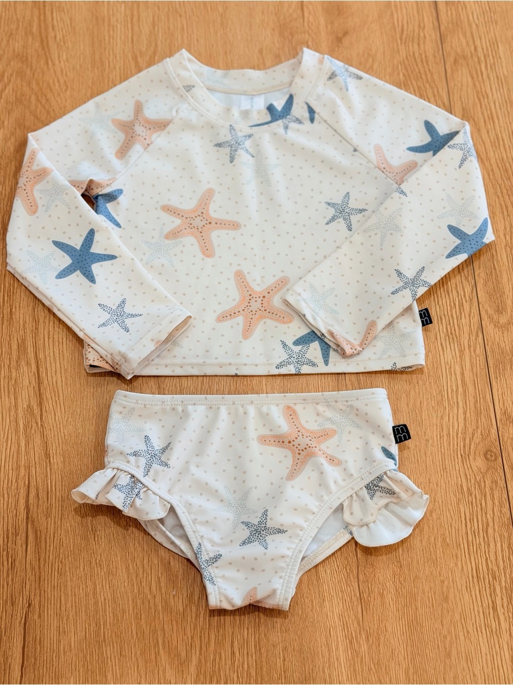 Girls Starfish Rash Guard Bikini Set - White with Blue & Peach